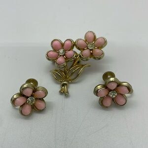 Vintage Pink Rose Gold-Tone Costume Jewelry - Earrings and Brooch